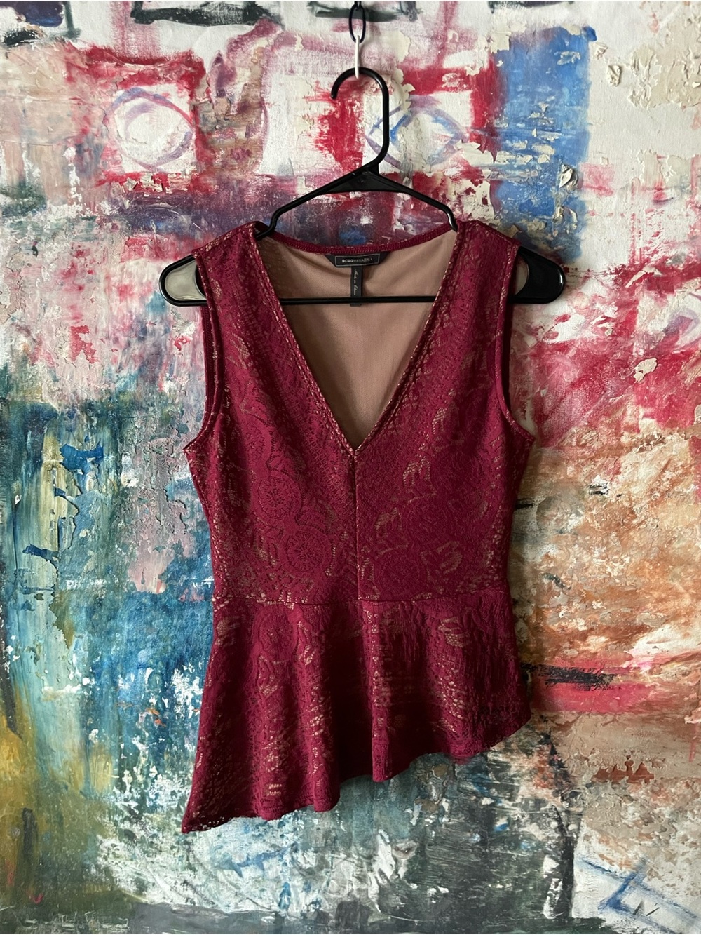 BCBGMaxAzria Burgundy Lace Peplum Camisole